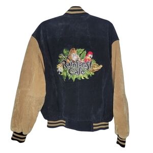 Vintage Y2K Rainforest Cafe Varsity Letterman Suede Jacket in Black Tan Size L